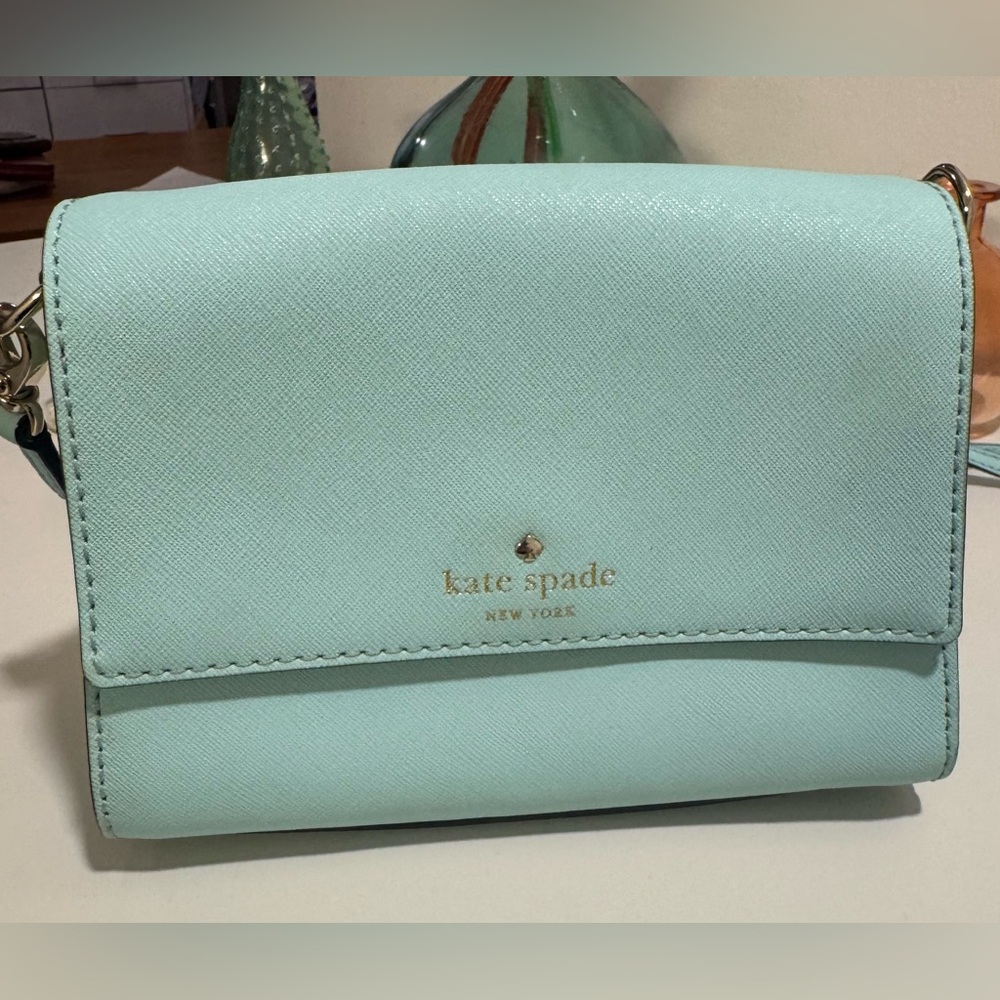 👉 Kate Spade Baby Blue Crossbody – Polka Dot Interior + Dust Bag, Very Good